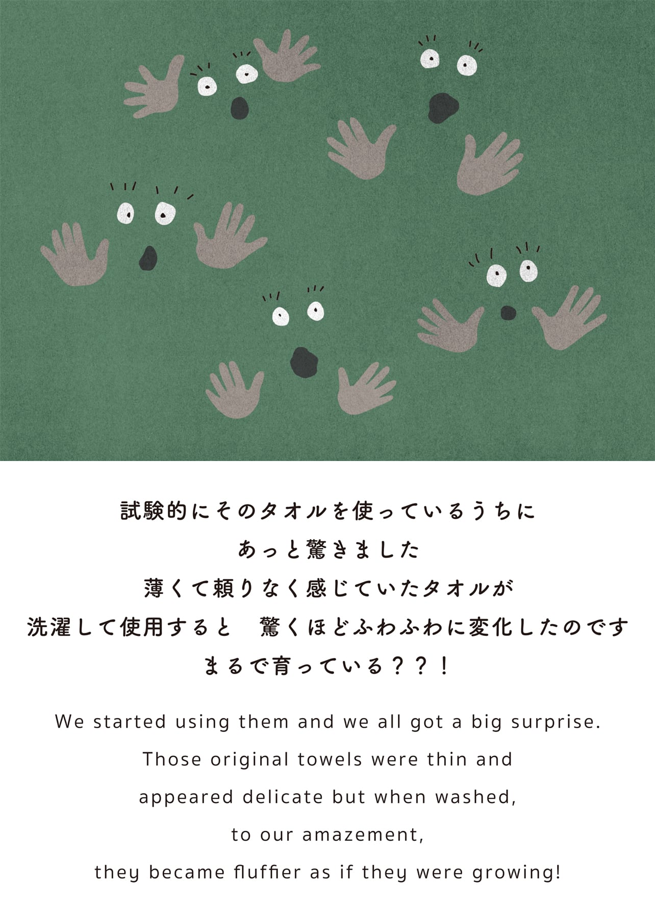 試験的にそのタオルを使っているうちに あっと驚きました 薄くて頼りなく感じていたタオルが 洗濯して使用すると 驚くほどふわふわに変化したのです まるで育っている？？！
